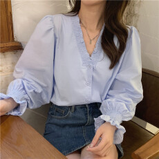 批发法式蓝色v领木耳边泡泡袖衬衫女春秋秋<b class='q'>冬</b>衬衣设计感小众别致上衣