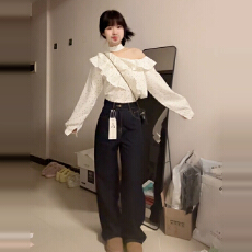 批发法式设计感小众波点长袖衬衫女<b class='q'>春秋</b>季2025新款荷叶边露肩气质上衣
