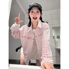 批发国潮牌粉色格子POLO领防晒衬衫<b class='q'>女</b>春夏<b class='q'>开衫</b>设计感修身显瘦百搭衬衣