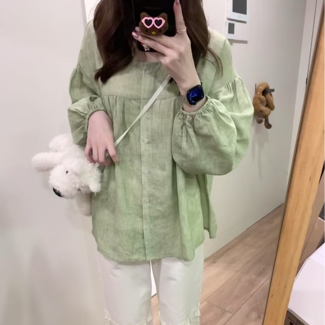 yoursjin 이른 봄 녹색 라미 주간 실크 인형 셔츠 셔츠 루즈핏 얇고 가벼운 통기성 디스플레이 화이트