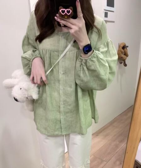 yoursjin 이른 봄 녹색 라미 주간 실크 인형 셔츠 셔츠 루즈핏 얇고 가벼운 통기성 디스플레이 화이트