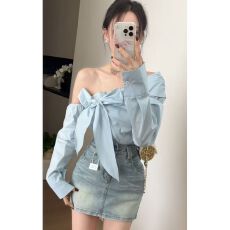 批发韩系辣妹露肩绑带<b class='q'>衬衫</b>女设计感气质显瘦百搭时尚斜领<b class='q'>长袖</b>别致上衣