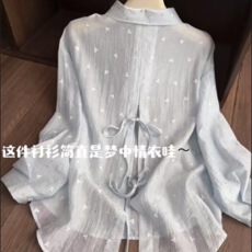批发后背镂空设计超好看开叉衬衣长袖薄款<b class='q'>开衫</b>女夏季慵懒风系带衬衫
