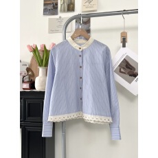 批发蓝色条纹<b class='q'>长袖</b><b class='q'>衬衫</b>女春季休闲圆领<b class='q'>衬衣</b>设计感法式拼接独特别致上衣