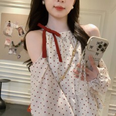 批发2026新款波点白色衬衫女春秋雪纺小衫设计感小众露肩长袖法式上衣