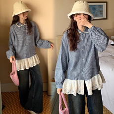 批发法式甜美花边拼接娃娃领<b class='q'>格子</b><b class='q'>衬衫</b>女2026新款春韩系宽松显瘦上衣