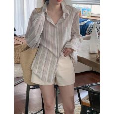 批发休闲条纹衬衫女2026春秋宽松<b class='q'>长袖</b>POLO领慵懒打底防晒衬衣