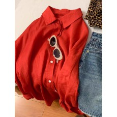批发CHAO级推荐红色亚麻<b class='q'>长袖</b>宽松防晒衬衫女气质高级感上衣