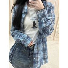 批发2026新款森系潮流蓝色格纹<b class='q'>衬衫</b>外套女宽松休闲遮肉中长款<b class='q'>衬衣</b>外穿