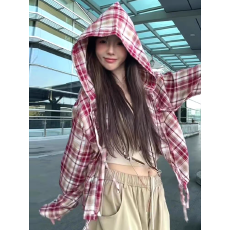 批发休闲格子棉麻衬衫薄<b class='q'>外套</b>女2026春秋新款时尚百搭连帽短款亚麻衬衣