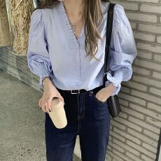 批发法式蓝色v领木耳边泡泡袖衬衫女春秋秋冬衬衣设计感小众别致上衣