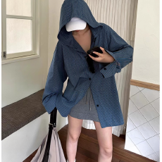批发韩系2025秋季慵懒风纯棉格连帽衬衫外套女宽松休闲设计感显瘦衬衣