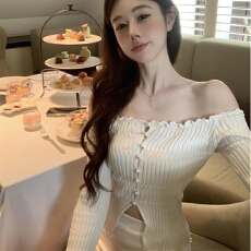 批发纯欲甜辣一字肩针织开衫女短款春秋独特别致上衣漂亮毛衣打底衫女