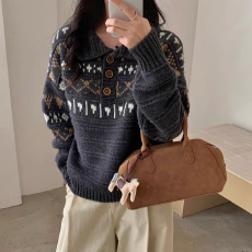批发费尔岛毛衣女秋冬季polo翻领软糯提花针织衫内搭打底衫上衣