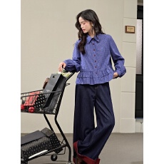 批发miu系蓝色格子<b class='q'>衬衫</b>女2025春秋新款荷叶边长袖<b class='q'>衬衣</b>上衣