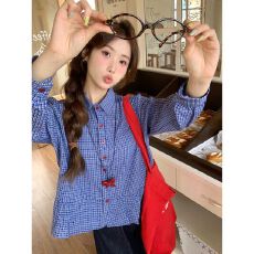 批发蓝色格子<b class='q'>衬衫女</b>2025春秋季新款miu系穿搭荷叶边长袖衬衣短款上衣