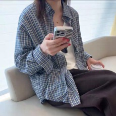 批发韩系格子衬衫女<b class='q'>春</b>秋新款百搭宽松慵懒风上衣外搭格纹衬衣外套