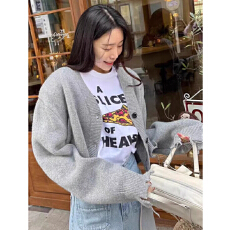 批发韩国秋冬极简慵懒时尚系扣毛边短款针织开衫加厚毛衣外套