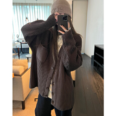 批发慵懒风休闲V领毛衣外套女秋冬季新款宽松百搭针织开衫上衣