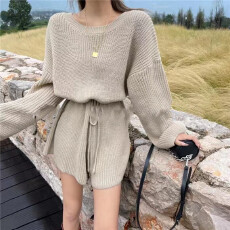 批发韩国chic秋冬小众复古圆领抽绳系带收腰长袖针织阔腿<b class='q'>连体裤</b><b class='q'>短</b>裤