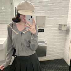 批发花边海军领绑带针织衫女秋冬韩系少女显瘦学院风修身长袖百搭上衣