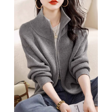 批发灰色慵懒风针织衫拉链外套女装秋冬新款<b class='q'>韩版</b>时尚宽松休闲显瘦上衣