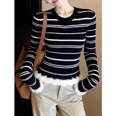 批发秋冬收腰显瘦毛毛边长袖上衣设计感撞色条纹毛衣针织打底衫<b class='q'>女</b>内搭