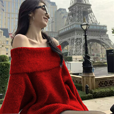 批发一字肩宽松个性加厚打底<b class='q'>毛</b>衣女秋冬新款高级感针织露肩上衣