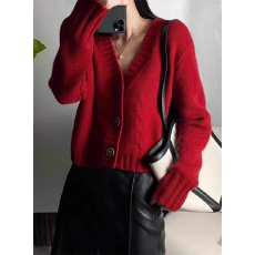批发秋冬新款开<b class='q'>衫</b>女V领加厚纯色扭花外搭宽松高级感短款外套上衣