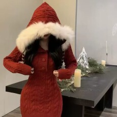 新年红色针织连衣裙女春秋冬氛围性感小个子礼服毛衣包臀裙