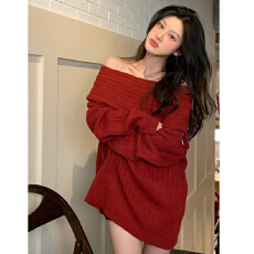 批发2026年慵懒风一字肩毛衣针织衫女秋冬设计感宽松百搭外穿<b class='q'>长袖</b>上衣