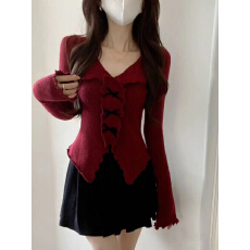 批发木耳边蝴蝶结v领针织<b class='q'>衫</b>女春秋小众收腰开叉内搭打底<b class='q'>衫</b>上衣