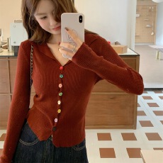 批发韩系半开领长袖针织衫秋新款修身扣子随机排列设计感<b class='q'>打底</b><b class='q'>上衣</b>女