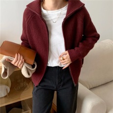 批发<b class='q'>韩版</b>复古拉链针织开衫女2026秋冬宽松外穿慵懒风翻领毛衣外套上衣