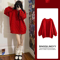 批发慵懒风加厚圆领红色毛衣女秋冬季小个子新年上衣内搭打底