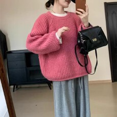 批发橘色圆领套头软糯毛衣女2025新款慵懒风加厚中长款针织衫上衣