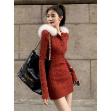 批发新年<b class='q'>红色</b>针织连衣裙女春秋冬氛围性感小个子礼服毛衣包臀裙