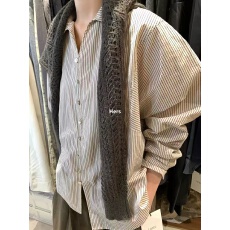 批发韩系简约大气复古宽松条纹廓形V领<b class='q'>衬衫女</b>秋季新款高级感气质上衣