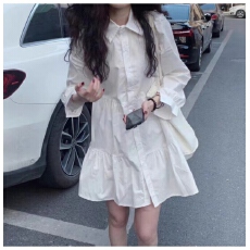 批发2026春秋新款小个子法式白色连衣裙子女设计感小众<b class='q'>长袖</b>A字衬衫裙