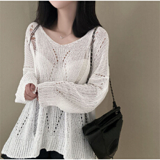 批发韩国春秋新款慵懒风宽松纯色镂空薄长袖针织V领罩衫上衣女