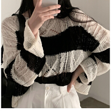 批发韩国复古麻花短款长袖条纹防晒<b class='q'>针织衫</b>上衣薄款宽松设计感罩衫女