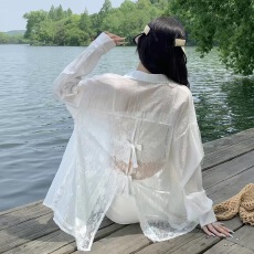 批发蕾丝中<b class='q'>长款</b><b class='q'>防晒衣</b>衬衫女夏薄纱罩衫冰丝雪纺外套正肩外搭