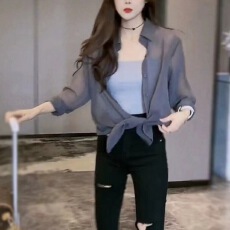 批发高级感灰色冰丝防晒衣女夏季薄款外套垂感<b class='q'>长袖</b>外搭罩衫雪纺衬衫潮