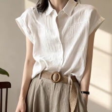 批发蓝色短袖<b class='q'>衬衫</b>女夏通勤穿搭<b class='q'>职业</b><b class='q'>衬衣</b>小飞袖无袖棉麻上衣高级感