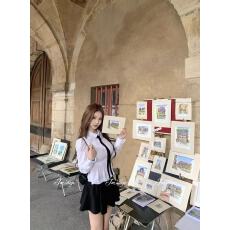 批发迟伞伞25/fw校花指南 深灰针织<b class='q'>背心</b>+元宝领白衬衫+灰色百褶裙套组