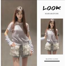 批发娃娃领短袖针织上衣<b class='q'>蕾丝</b>拼接<b class='q'>短裤</b>套装