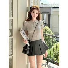 批发【悉尼优等生学院风刺绣灰色polo领显瘦短袖t恤高腰<b class='q'>百褶</b>半裙套装