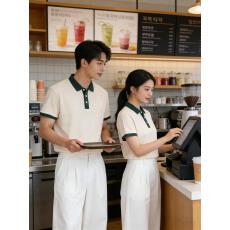 220克海藻棉餐饮风撞色领翻领POLO衫通款短袖翻领奶茶咖啡工作服