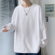 批发220克 初秋潮牌落肩长袖打底衫100纯棉宽松落肩后包领T恤 平口