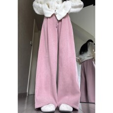 批发立体腰头--粉色灯芯绒弯刀<b class='q'>阔腿裤</b>女秋冬季新款高腰<b class='q'>显瘦</b>宽松加绒<b class='q'>裤</b>